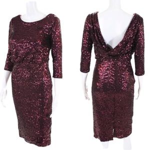 Badgley Mischka Merlot Sequin Sheath Dress Size 2 Burgundy Red Cowl Back